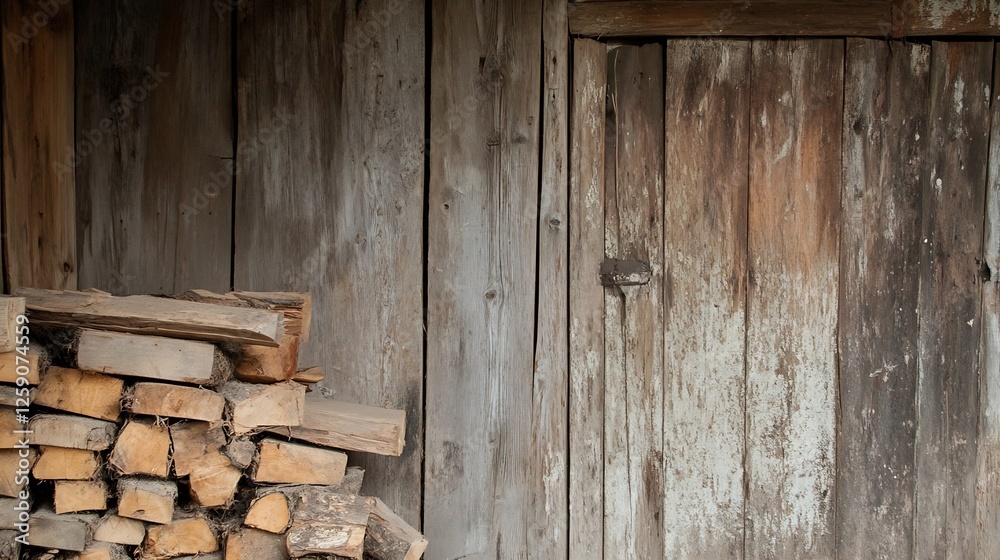 Aufkleber Weathered Wood Wall with Stacked Logs Creating a Rustic and Natural Appearance : Generative AI
