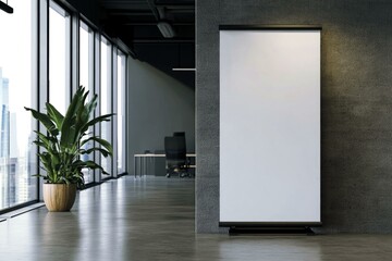  Sleek modern office interior with blank pull-up banner mockup and potted plant near panoramic windows