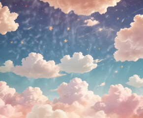 Vintage paper sky with stylized stars and clouds in pastel colors,  vintage,  retro