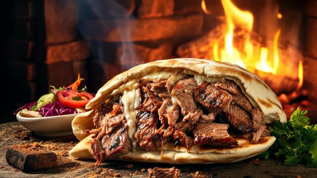 Savor the Middle Eastern fast-food staple of toasted doner kebab slices, a culinary delight, Ai Generated.