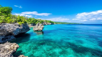 Breathtaking Tropical Coastline with Crystal Clear Water and Rocky Cliffs Under a Bright Blue Sky : Generative AI