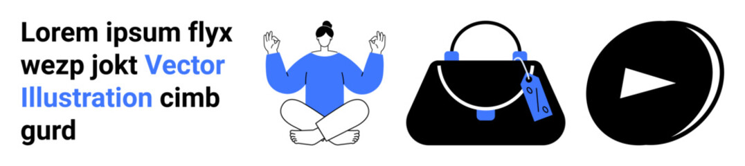 Woman in yoga pose in casual clothing, handbag with price tag, and play button. Ideal for mindfulness, online shopping, e-commerce, relaxation, retail, fashion media flat landing page banner