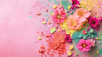 Vibrant pink and yellow flowers scattered with colorful powdered pigments on a pastel pink background creating a festive and artistic composition for Holi celebration with space for text