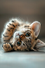 Obraz premium Niedliches Kätzchen liegt spielerisch mit großen Augen auf dem Rücken
