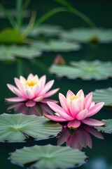 Blooming Water Lilies on a Peaceful Lake Surface, nature, watercolor textures, serenity