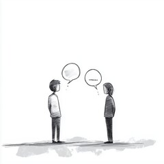 Monochrome sketch of two figures engaged in dialogue with speech bubbles