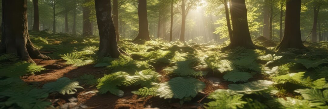 Warm sunlight filters through leaves, casting dappled green patterns on forest floor ,  nature, green