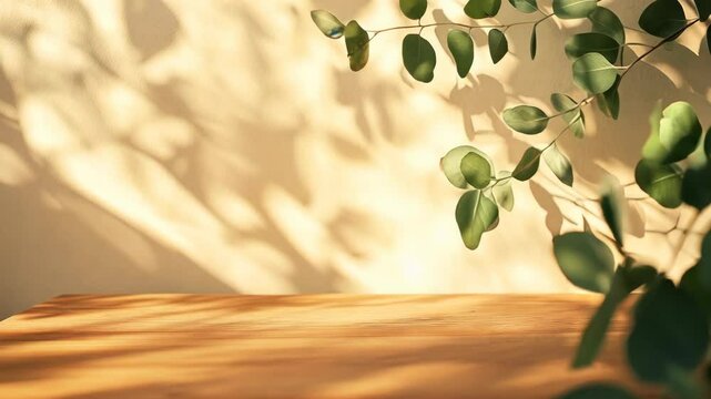 Wood table with a warm beige wall in the background, sunlight casting delicate shadows of eucalyptus leaves, and blurred philodendron plants in the foreground.