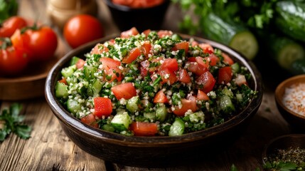 Traditional Lebanese tabbouleh with tomatoes and cucumbers. Featuring a fresh and vibrant dish. Highlighting the texture and flavors of the tabbouleh. Ideal for food and cultural themes.
