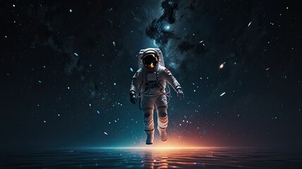 Fototapeta premium An astronaut floats gracefully through a vibrant cosmic setting surrounded by stars and cosmic elements showcasing the beauty of space exploration