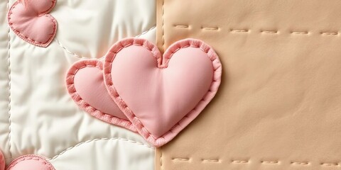 Romantic Pink Leather Hearts on Quilted Fabric Background