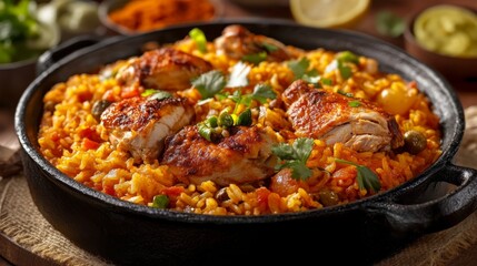 Traditional Mexican arroz con pollo with rice and chicken. Featuring a hearty and flavorful dish. Highlighting the texture and spices of the arroz con pollo. Ideal for food and cultural themes.