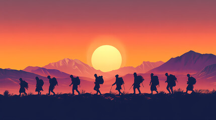 Nomads trekking through a vast expansive desert landscape with towering sand dunes on the distant horizon embarking on a solitary journey of and adventure. Silhouette Nomads. Illustration