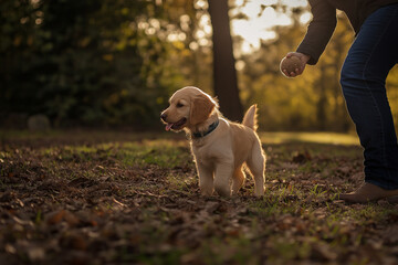 Golden Retriever dog puppy playing outdoors in autumn forest with leaves and sunlight