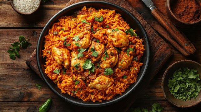 Traditional Mexican arroz con pollo with rice and chicken. Featuring a hearty and flavorful dish. Highlighting the texture and spices of the arroz con pollo. Ideal for food and cultural themes.