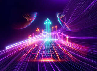 Vibrant double exposure image of neon arrows pointing upwards on a path with planet shapes, creating a futuristic and colorful scene.