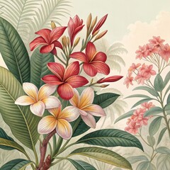 Botanical Watercolor Painting Plumeria and Tropical Leaves, Floral Illustration, Vintage Style Plumeria, Botanical Art