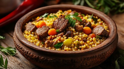 Fototapeta premium Traditional Moroccan couscous with lamb and vegetables. Featuring a hearty and spiced dish. Highlighting the texture and flavors of the couscous. Ideal for food and cultural themes.
