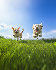 Golden Retriever and cat running energetically on grass under a bright sky, capturing playful energy.