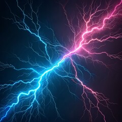 Clashing Lightnings Neon Blue and Pink Fractal Energy Collision, Abstract Art Lightning, fractal art