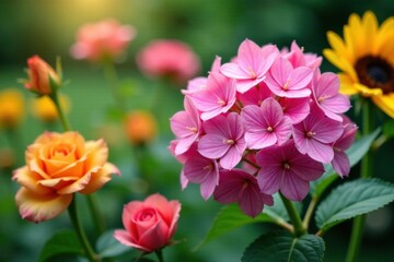 Fototapeta premium Blooming hydrangea in garden with roses and sunflowers , flowers, sunflowers, blooms