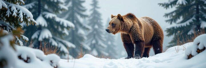 Obraz premium Brown bear in winter landscape with snow and pine trees, winter, brown bear, tree