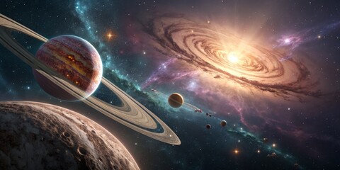 Cosmic Ringed Planet and Galaxy Digital Art, Space Exploration, Planetary System, Wide Composition Space Art, Cosmos