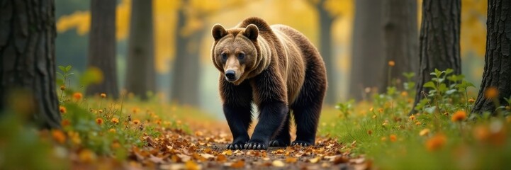 Fototapeta premium Brown bear walking through trees , trees, wilderness, woodland