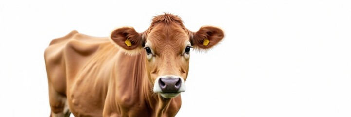 Brown cow isolated on white, rural landscape, cattle, rural scene
