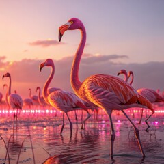 Naklejka premium Flamingos at Sunset Digital Painting, Pink Hues, Flock Composition, Nature Scene. Flamingo, Digital Art