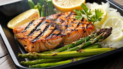 A container filled with rice, grilled salmon, and asparagus illustrates prepared food for healthy, Ai Generated