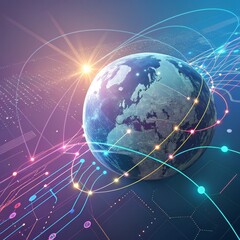 Fototapeta premium Global Network Earth, Lines, Nodes, Sunburst Composition, Digital Connections, Abstract Artwork Global Network, Digital Art