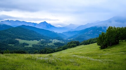 Fototapeta premium Breathtaking view of rolling hills and mountain landscape under cloudy sky : Generative AI