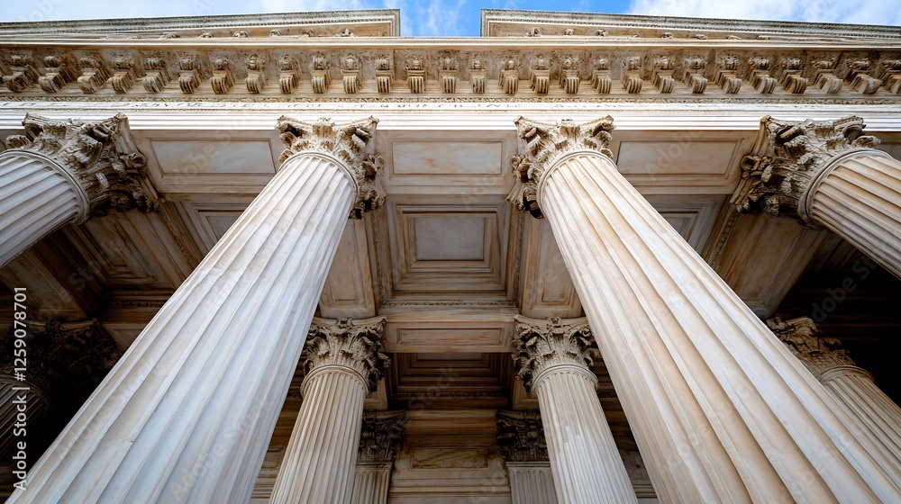 Poster Magnificent View of Classical Architecture with Tall Marble Columns Against a Blue Sky : Generative AI