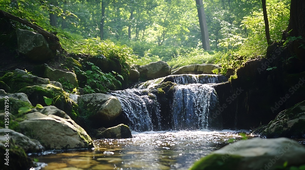 Poster serene stream with gentle waterfall surrounded by lush green forest in sunlight : generative ai
