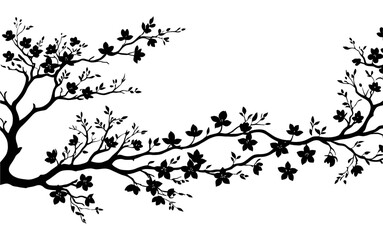 Black Sakura Branch Silhouette Against White Background