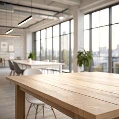Fototapeta premium Light Wood Table in Modern Office, Close-up, Minimalist Design, Interior Design, Workspace, Modern Office Office Interior, Tabletop Photography