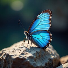 Obraz premium Blue butterfly resting on a rock, peaceful, butterfly, blue