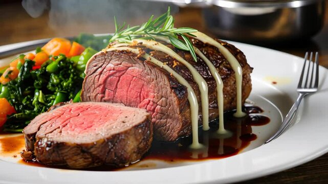 Treat your taste buds to the culinary masterpiece of a perfectly cooked Beef Wellington, a sight to behold and savor, Ai Generated.