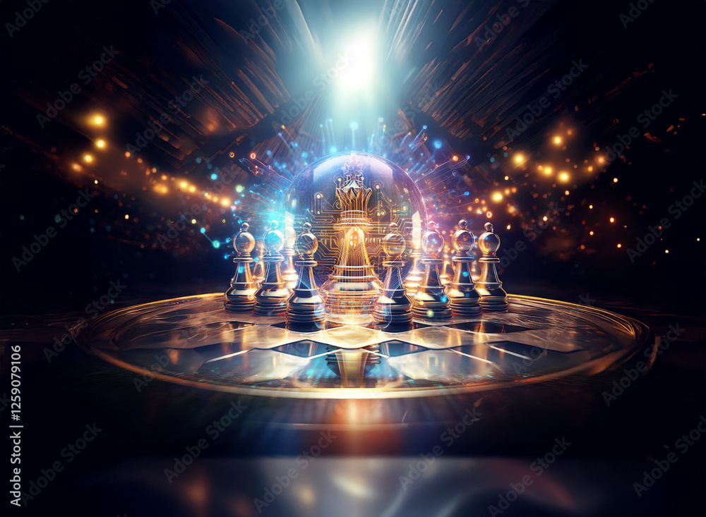 Wall mural a double exposure image showcases chess pieces on a round board bathed in bright light, creating an 