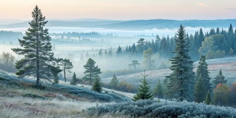 Fototapeta premium Misty Dawn Landscape Coniferous Forest, Foggy Valley, High Angle Composition, Nature Photography, Landscape Photography Keywords nature, scenery