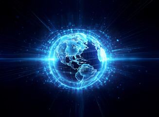 Obraz premium Futuristic blue globe radiates light with digital elements, creating a double exposure effect, a technological Earth representation.