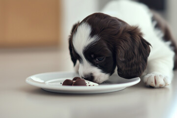 Spaniel puppy and chocolate on a plate: cute and adorable furry animal