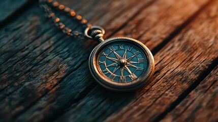 Antique Compass on Rustic Wood Background with Gentle Lighting