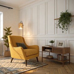 Mustard Armchair in Classic Interior Composition, Lighting, Decor, Yellow Chair, Living Room Design Interior Design, Home Decor