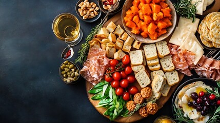 Fototapeta premium Colorful Charcuterie Board with Fresh Ingredients and Assorted Meats and Cheeses : Generative AI
