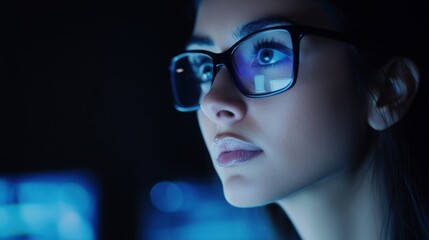 Woman with Glasses Reflecting Blue Light of a Screen in Dark Environment