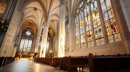 Fototapeta premium Gorgeous Interior of a Historic Church with Sunlight Streaming Through Stained Glass Windows : Generative AI