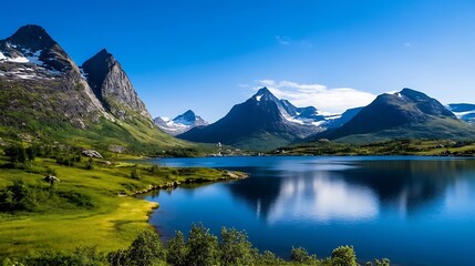 Stunning scenic view of mountains and a tranquil lake reflecting the sky in Norway : Generative AI