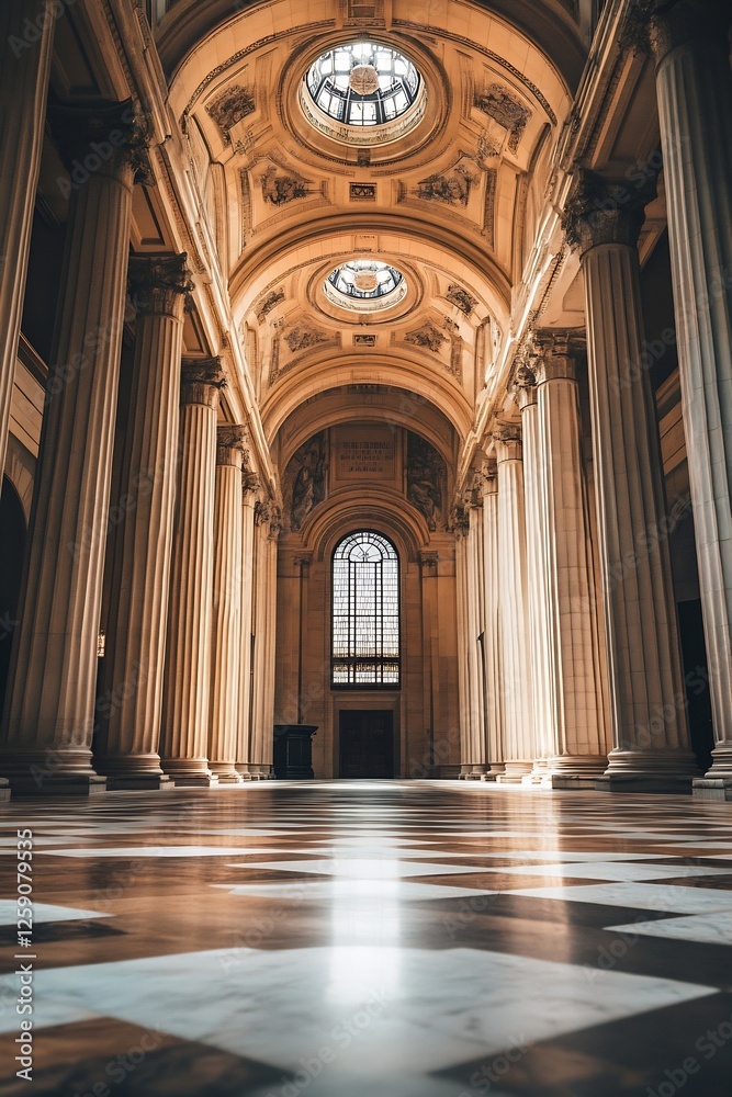 Poster impressive architectural interior view of grand hall with tall columns and artistic lighting for his
